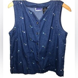 Denim Vest Erika & Co. Medium Floral Embroidery Button-Down 1990s Vintage